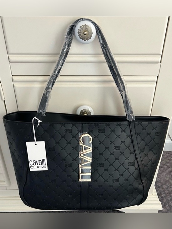 Cavalli Class Handbags - NWT Cavalli Class Sandra Shopper Tote Bag Black Deboss with Gold Hardware